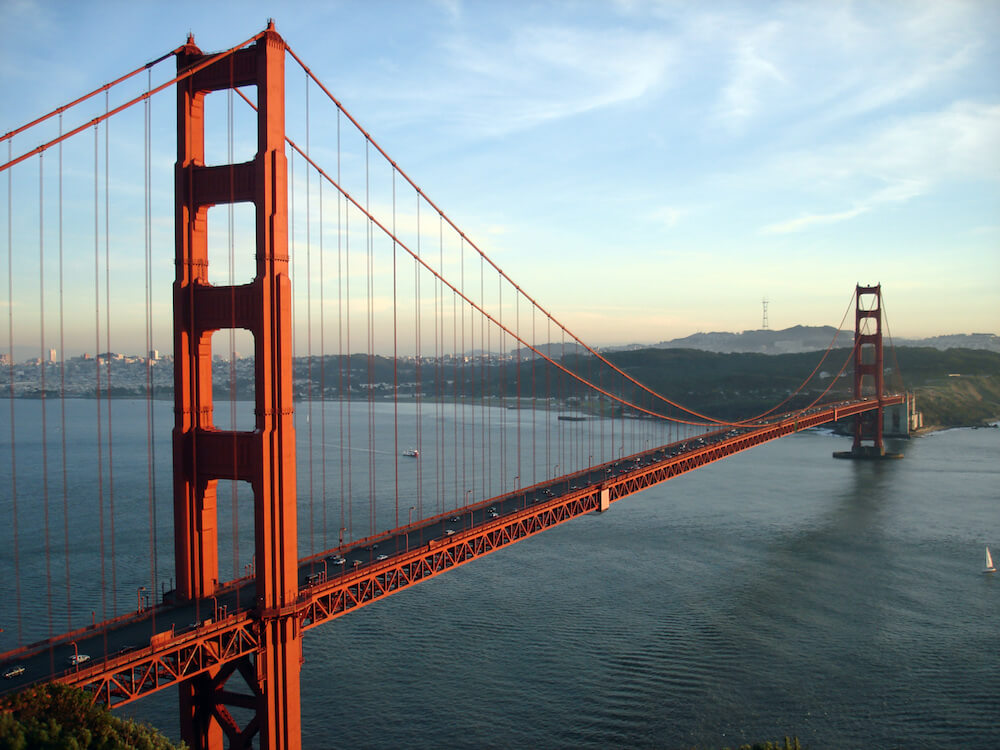 The Golden Gate Bridge in San Francisco, CA at sunset.